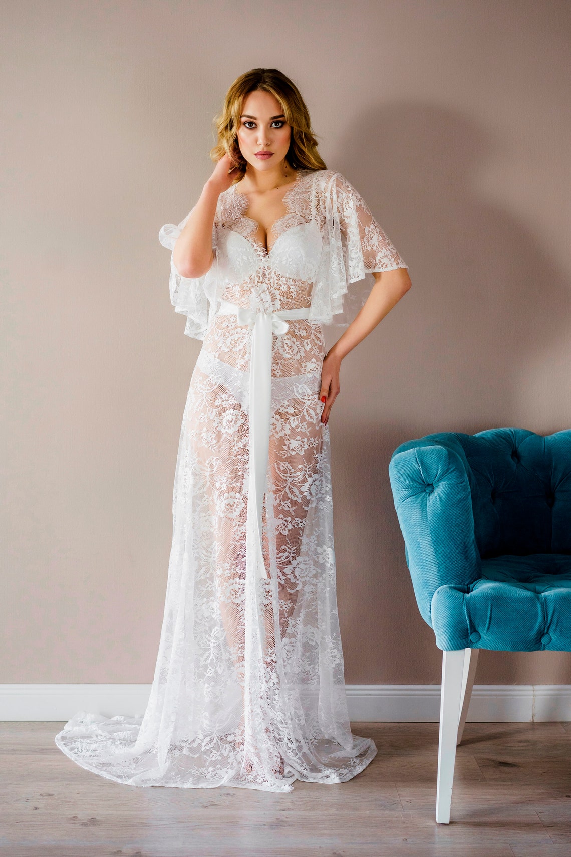 Lace Bridal Robe With Train Sheer Robe Lace Robe Boudoir Etsy