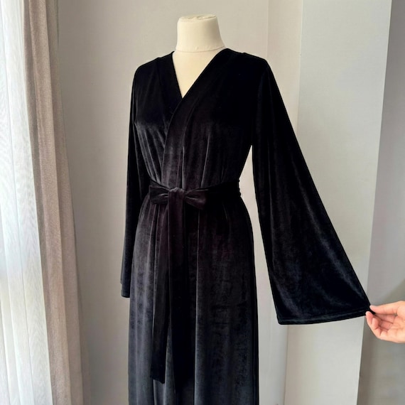 Black Velvet Robe for Women, Velvet Dressing Gown, Floor Length Wrap Robe