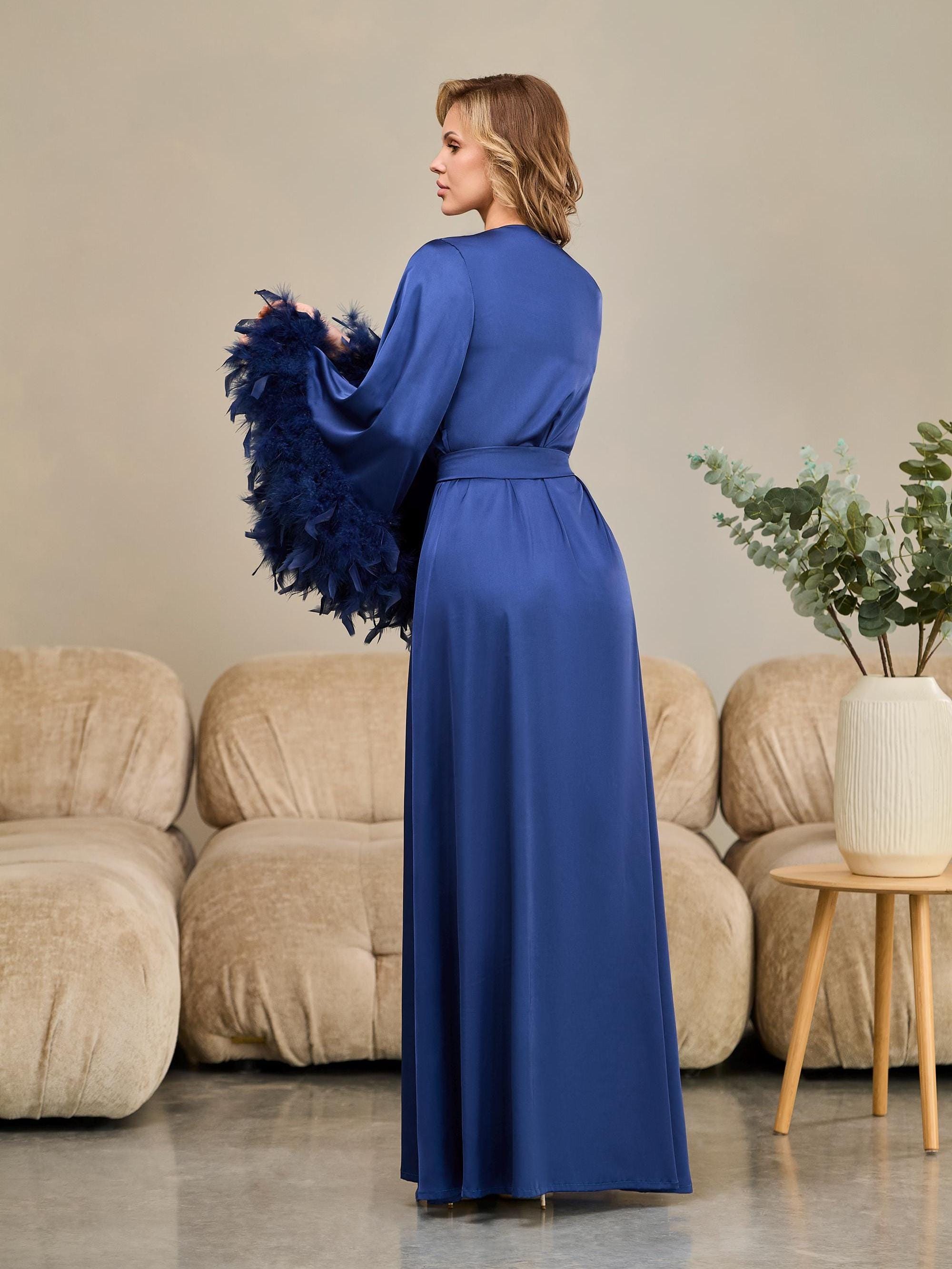 Navy Blue Feather Robe, Floor Length Robe, Silk Bridal Robe, Feathered ...