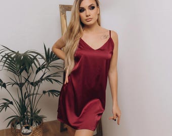 Burgundy slip dress, Silk nightgown, Bridal nightgown, Gift for wife