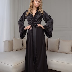 Long Black Robe Bridal Dressing Gown Black Wedding Robe | Etsy