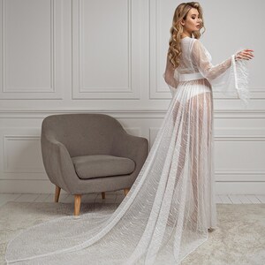 May include: A white sheer robe with a long train and a belt. The robe features a delicate lace pattern and is made from a lightweight fabric.