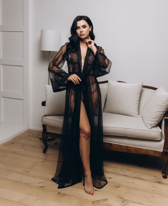 Boudoir Robe Black Lace Robe Long Bridal Robe Sheer Robe Black