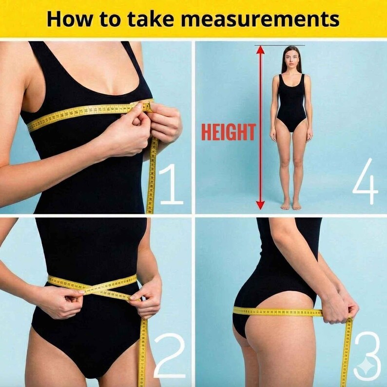 The image is a step-by-step guide on how to take measurements, specifically focusing on waist size. It shows a woman wearing a black swimsuit and measuring her waist with a yellow measuring tape. The guide provides instructions on how to properly use the measuring tape to accurately determine the waist size.