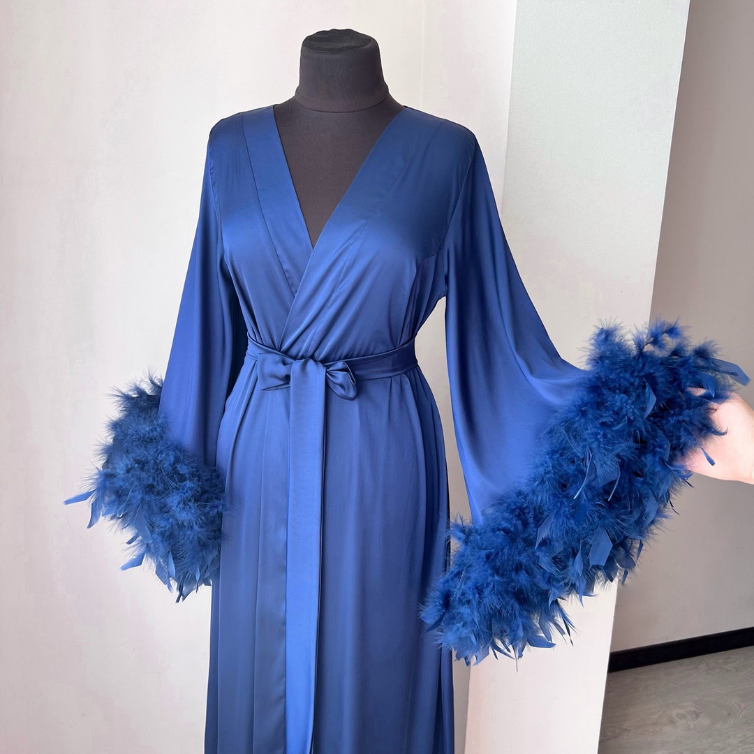 Blue Robe With Feathers Long Bridal Robe Feather Robe Floor Etsy