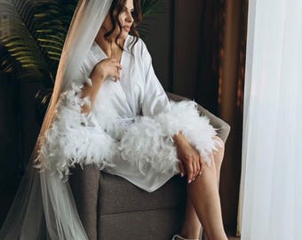 Feather bridal robe short, White feather robe, Wedding robe with feather sleeves, Kimono robe, Feather robe bride