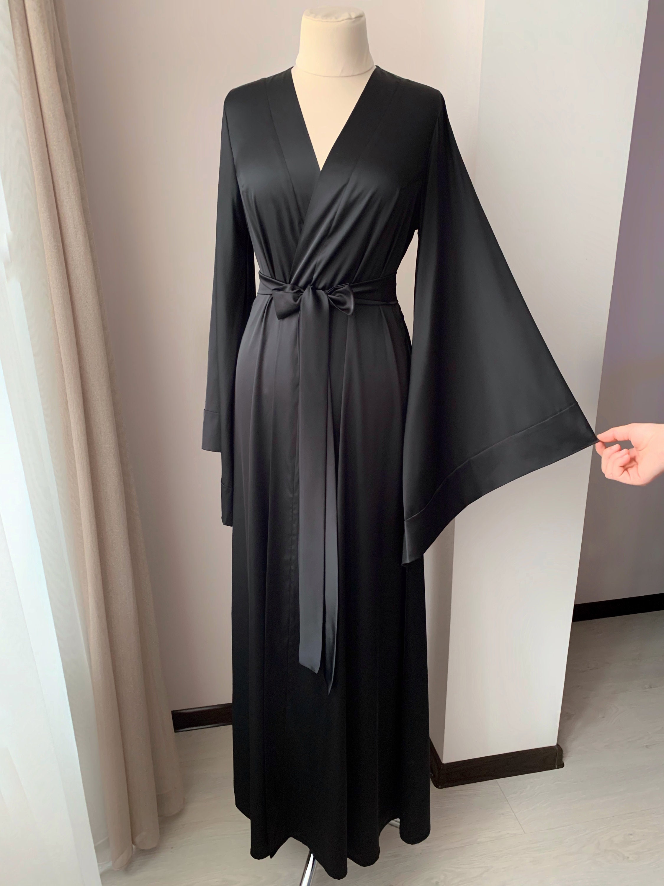 Black Bridal Robe, Long Kimono Robe, Floor Length Robe, Black Silk Robe ...