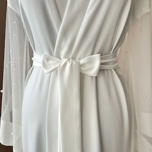 Maxi bridal robe with pearl sleeves, Long bridal robe, Boudoir robe, White sheer robe, Wedding day, Kimono robe silk, Bridal lingerie image 8