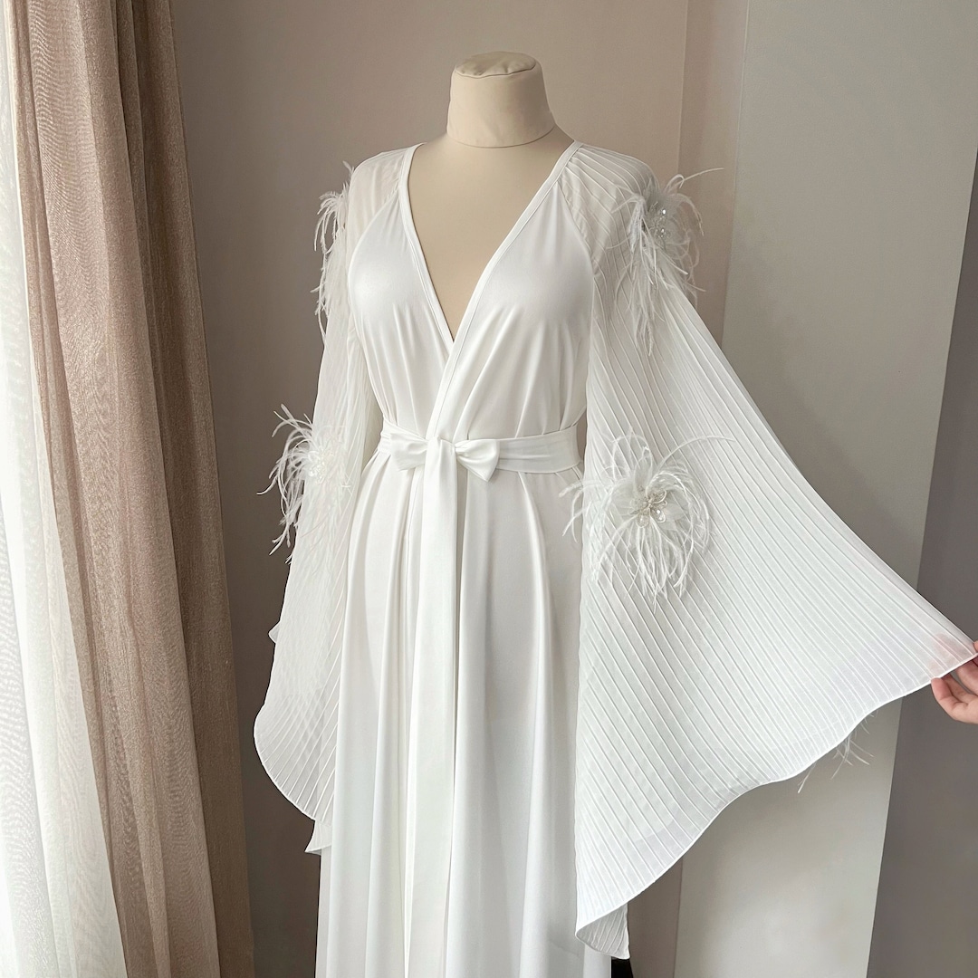 Long Bridal Robe, Chiffon Robe, Bride Robe With Feathers, Sheer Robe