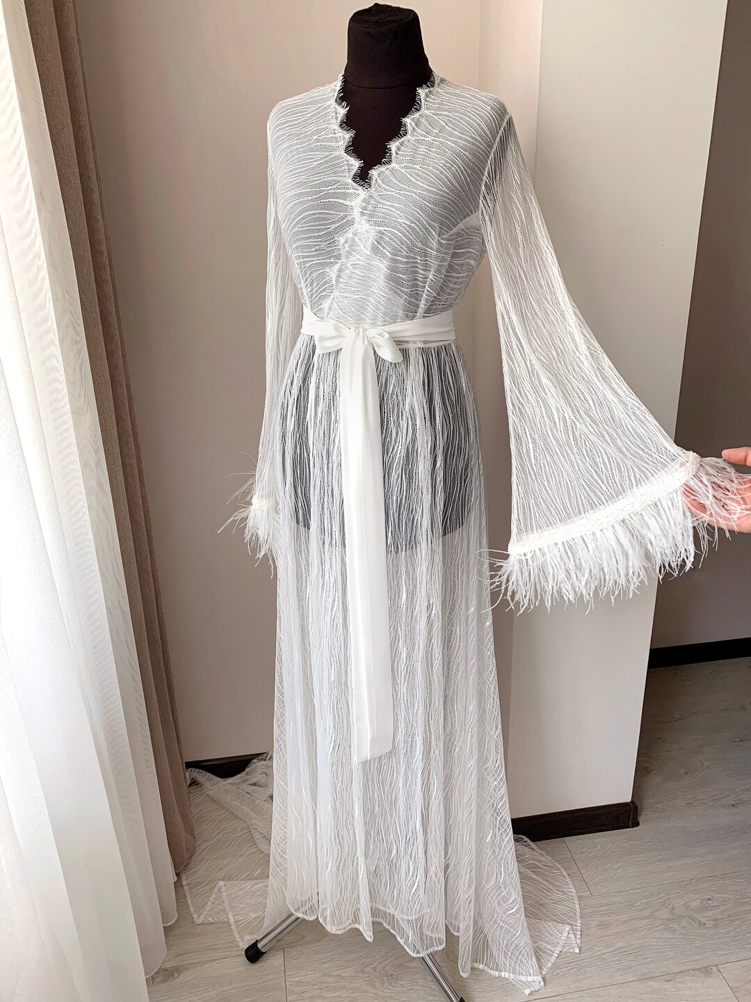 Lace Bridal Robe With Train, Sheer Wedding Dressing Gown With Feathers ...