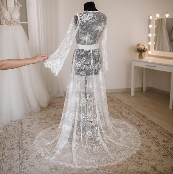 Long lace Bridal robe, Sheer robe, lace robe with train, Chantilly lace robe, Wedding day, Bride dressing gown, Bridal lingerie Long lace Bridal robe, Sheer robe, lace robe with train, Chantilly lace robe, Wedding day, Bride dressing gown, Bridal lingerie
