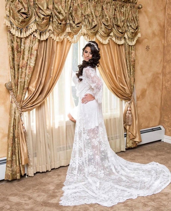 lace bridal robe with train