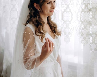 Bata de novia con mangas de perlas, bata larga de boda color marfil, elegante vestido de novia para prepararse.