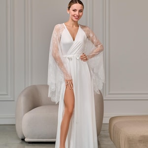 Maxi robe de mariée avec dentelle, robe de mariée longue, robe de chambre transparente, robe de chambre avec manches raglan en dentelle, robe de chambre en dentelle kimono, robe de chambre longueur au sol, lingerie de mariée