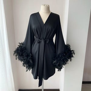 Black feather robe, feather bridal robe, feather robe bridesmaid, kimono robe, feathered robe, boudoir robe, plus size robe, bridesmaid gift image 3