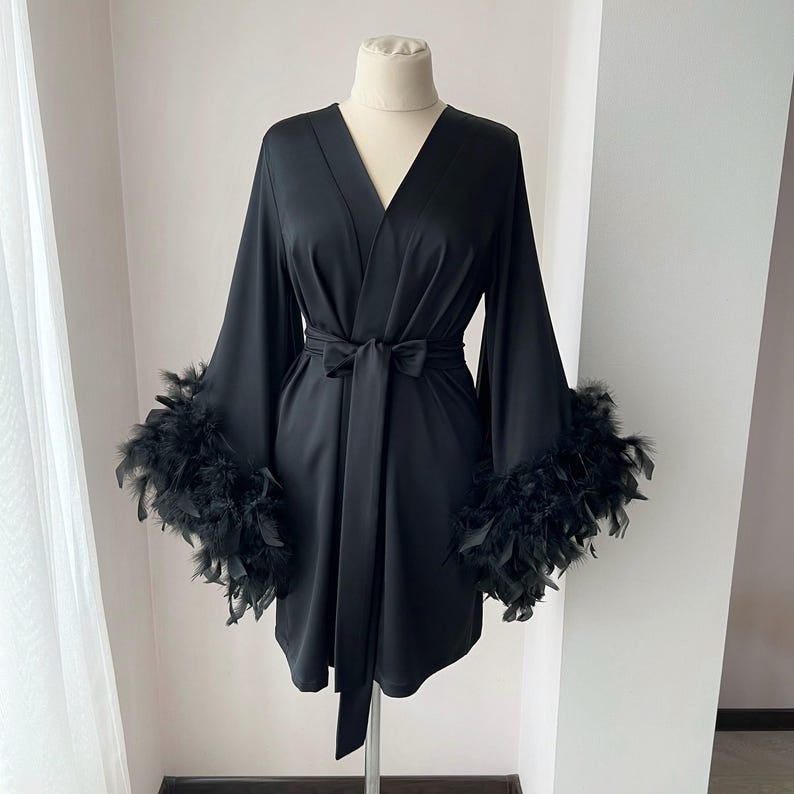 Black feather robe, feather bridal robe, feather robe bridesmaid, kimono robe, feathered robe, boudoir robe, plus size robe, bridesmaid gift image 3