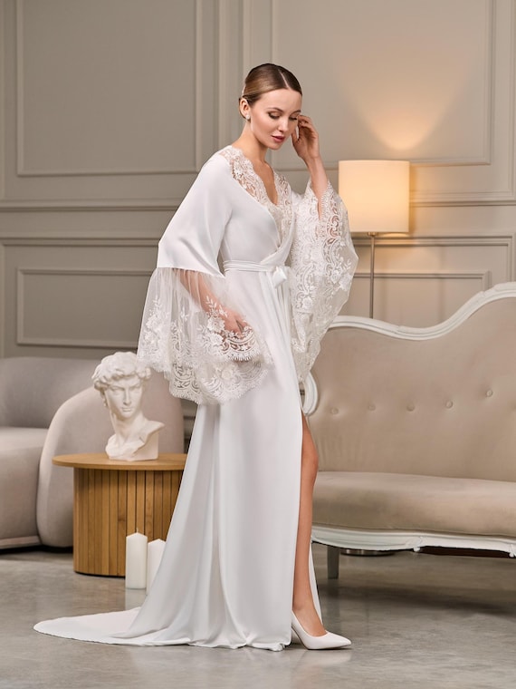 Bridal robe lace, Wedding robe with train, Long Bridal robe, Sheer robe, Ivory dressing gown, Kimono robe, Bridesmaid robes, Bridal lingerie Bridal robe lace, Wedding robe with train, Long Bridal robe, Sheer robe, Ivory dressing gown, Kimono robe, Bridesmaid robes, Bridal lingerie