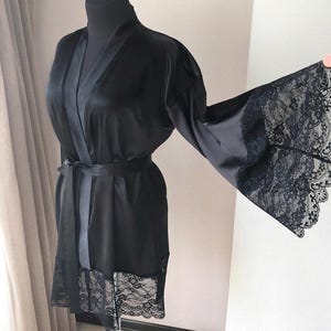 Black kimono robe, Black lace robe, Robe with lace, Satin silk robe, Sexy robe, Bridesmaid robes, Gift for her, Sheer negligee image 7