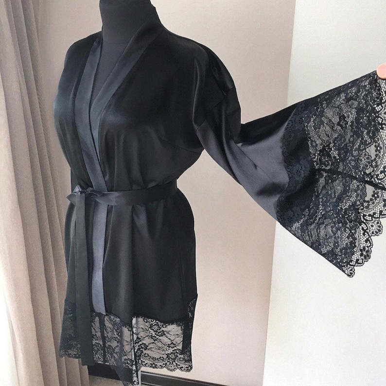 Black kimono robe, Black lace robe, Robe with lace, Satin silk robe, Sexy robe, Bridesmaid robes, Gift for her, Sheer negligee image 7
