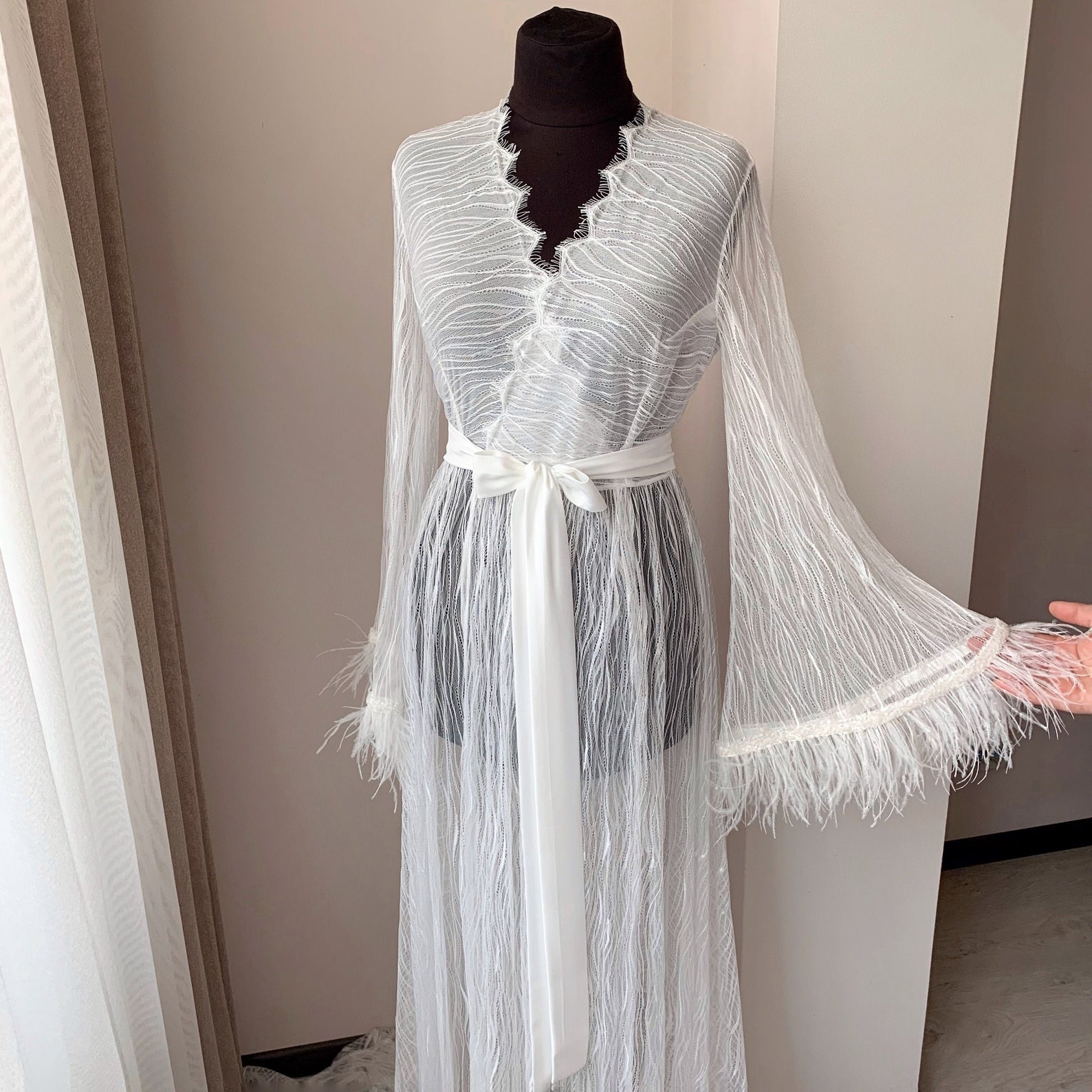 long lace bridal robe with train
