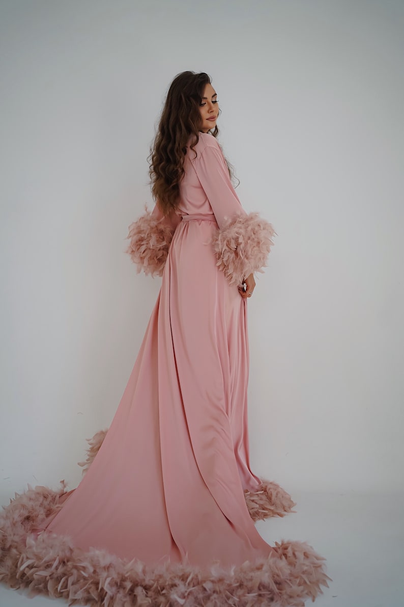 Feather Robe Long Bridal Robe With Train Boudoir Robe Robe Etsy