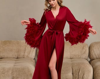 Long feather robe, Burgundy bridal robe, Hollywood robe, Robe with feather trim, Bridal Party Robes, Bridal Dressing Gown