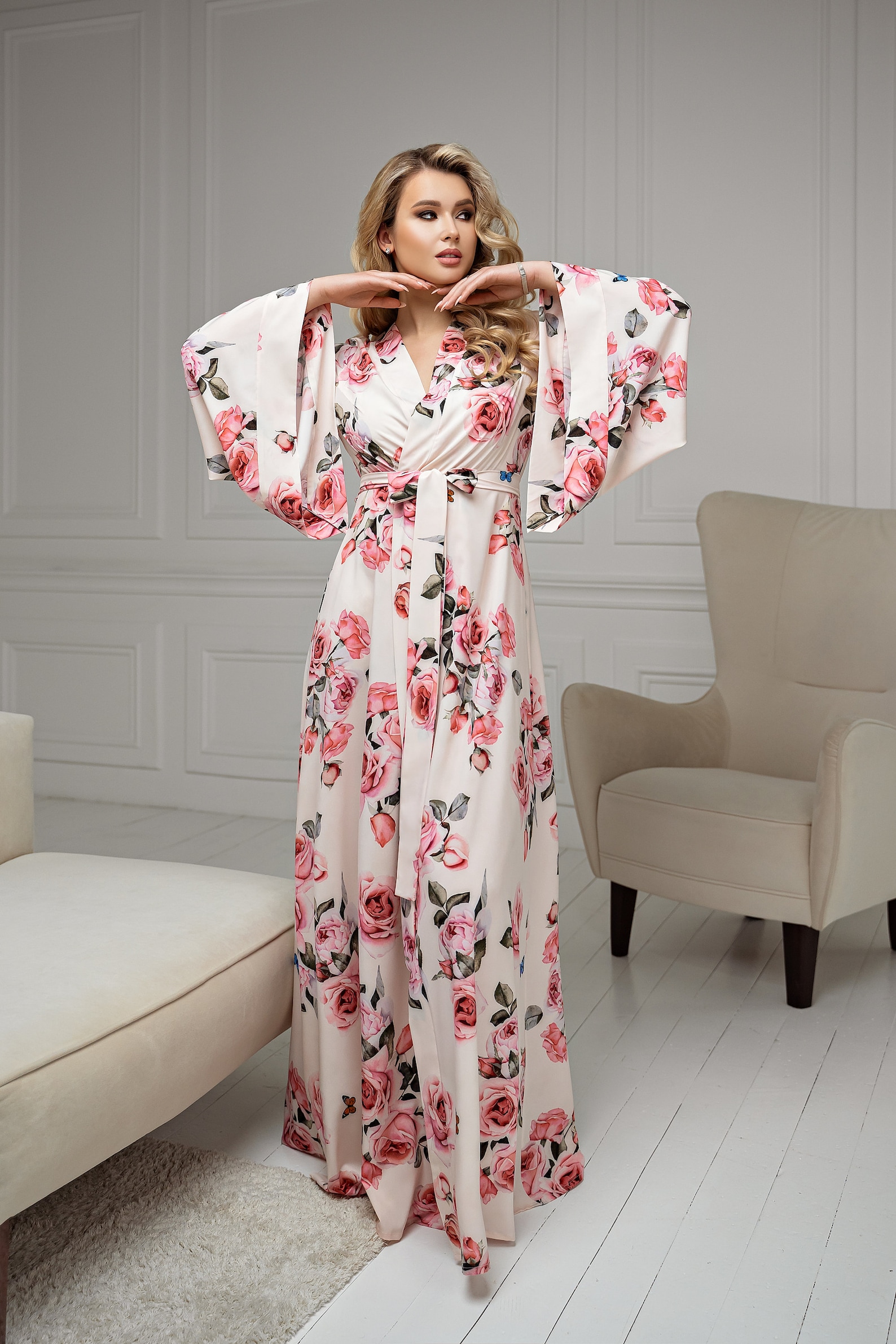 Floor Length Robe Kimono Robe Women Long Robe Floral Etsy Canada