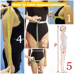 May include: A collage demonstrating how to take body measurements. The image shows a person in a black bodysuit being measured with a yellow measuring tape. The text "How to take measurements" is at the top.