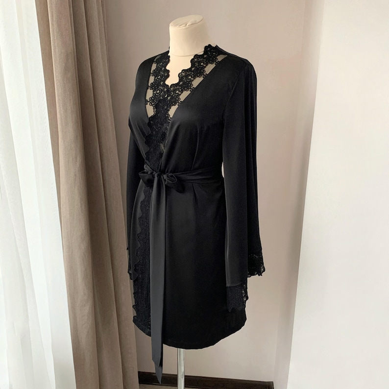 Wedding robe, Black lace robe, Satin dressing gown, Black bridal robe, Kimono robe, Wedding Lingerie image 2