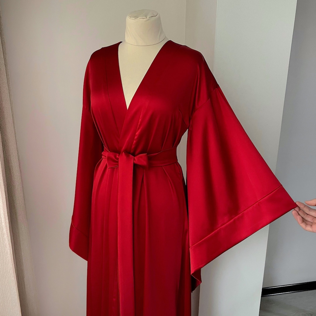 Red Kimono Robe, Sexy Robe, Kimono Robe Silk, Dressing Gown