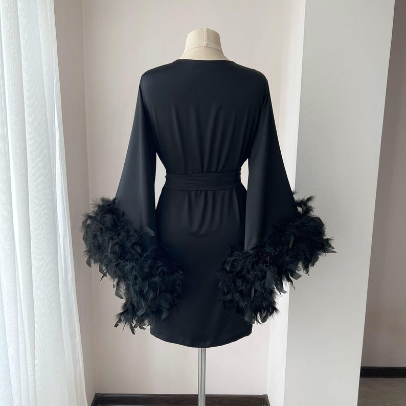 Black feather robe, feather bridal robe, feather robe bridesmaid, kimono robe, feathered robe, boudoir robe, plus size robe, bridesmaid gift image 4