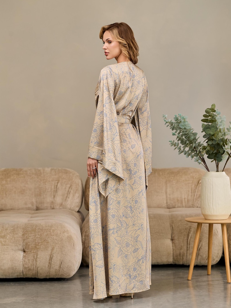 Women Flowing Robe Kimono Robe, Floor Length Robe, Silk Dressing Gown, Full Length Robe ...