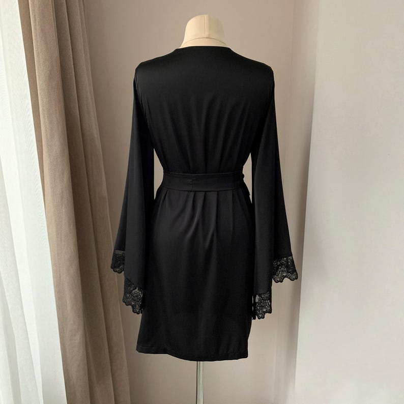 Wedding robe, Black lace robe, Satin dressing gown, Black bridal robe, Kimono robe, Wedding Lingerie image 3