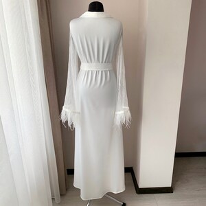 Luxury bridal robe with lace sleeves, Wedding ostrich feather robe, Silk dressing gown image 8