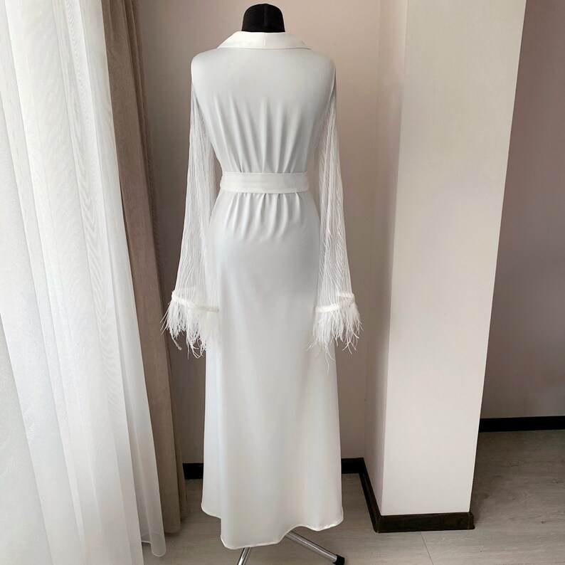 Luxury bridal robe with lace sleeves, Wedding ostrich feather robe, Silk dressing gown image 8