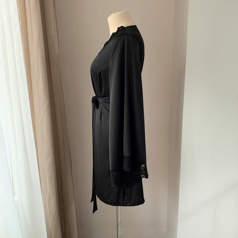 Wedding robe, Black lace robe, Satin dressing gown, Black bridal robe, Kimono robe, Wedding Lingerie image 4