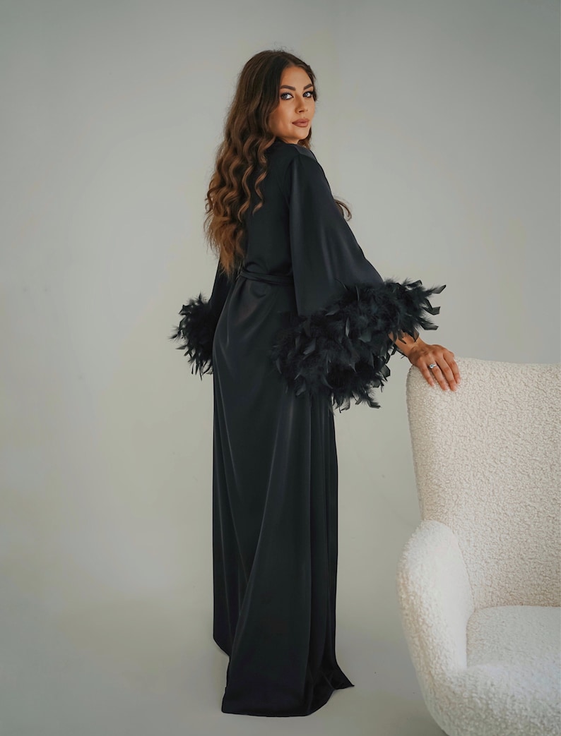 Feather Robe Long Boudoir Robe Black Feather Robe Floor Etsy