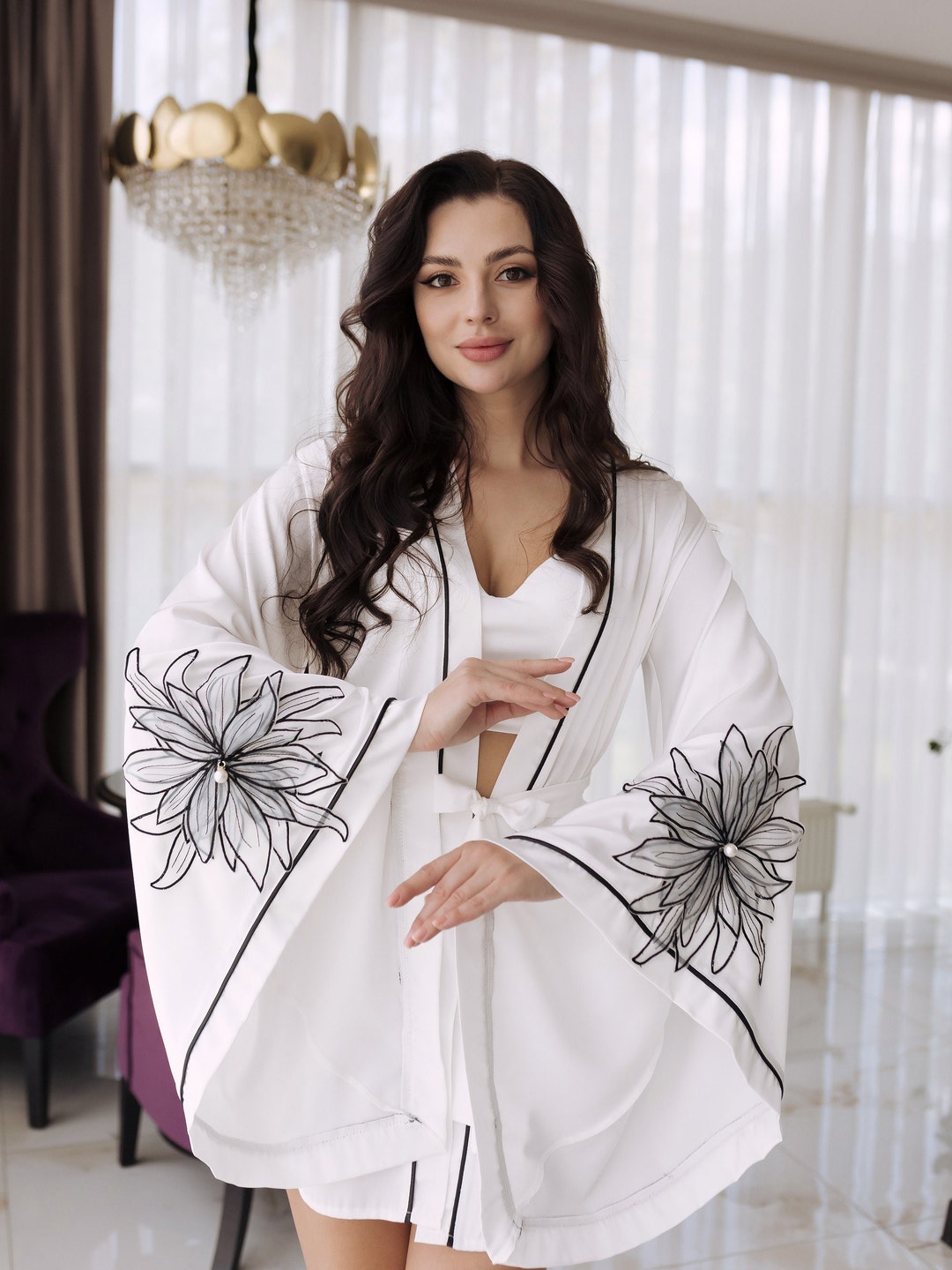 Bridal Robe Flower Applique, Silk Wedding Robe, Satin Short Kimono ...