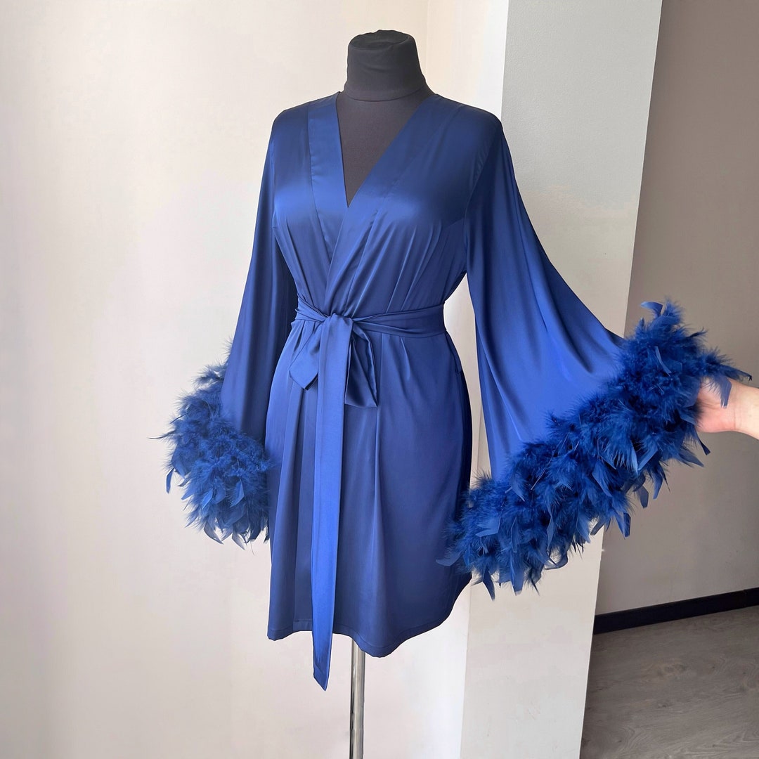Blue Robe With Feathers Feather Robe Bridal Robe With Etsy