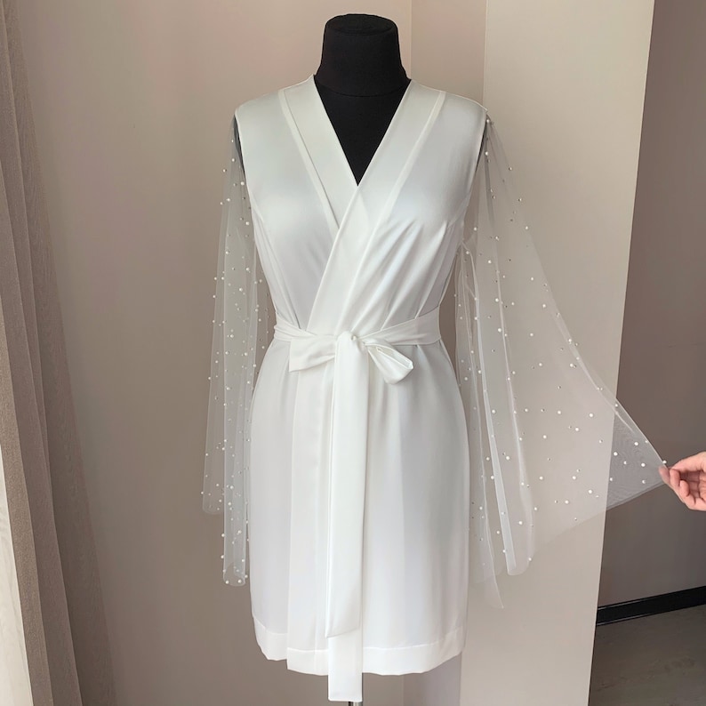 Bridal robe with pearls, wedding kimono robe, wedding day, bridal dressing gown image 2