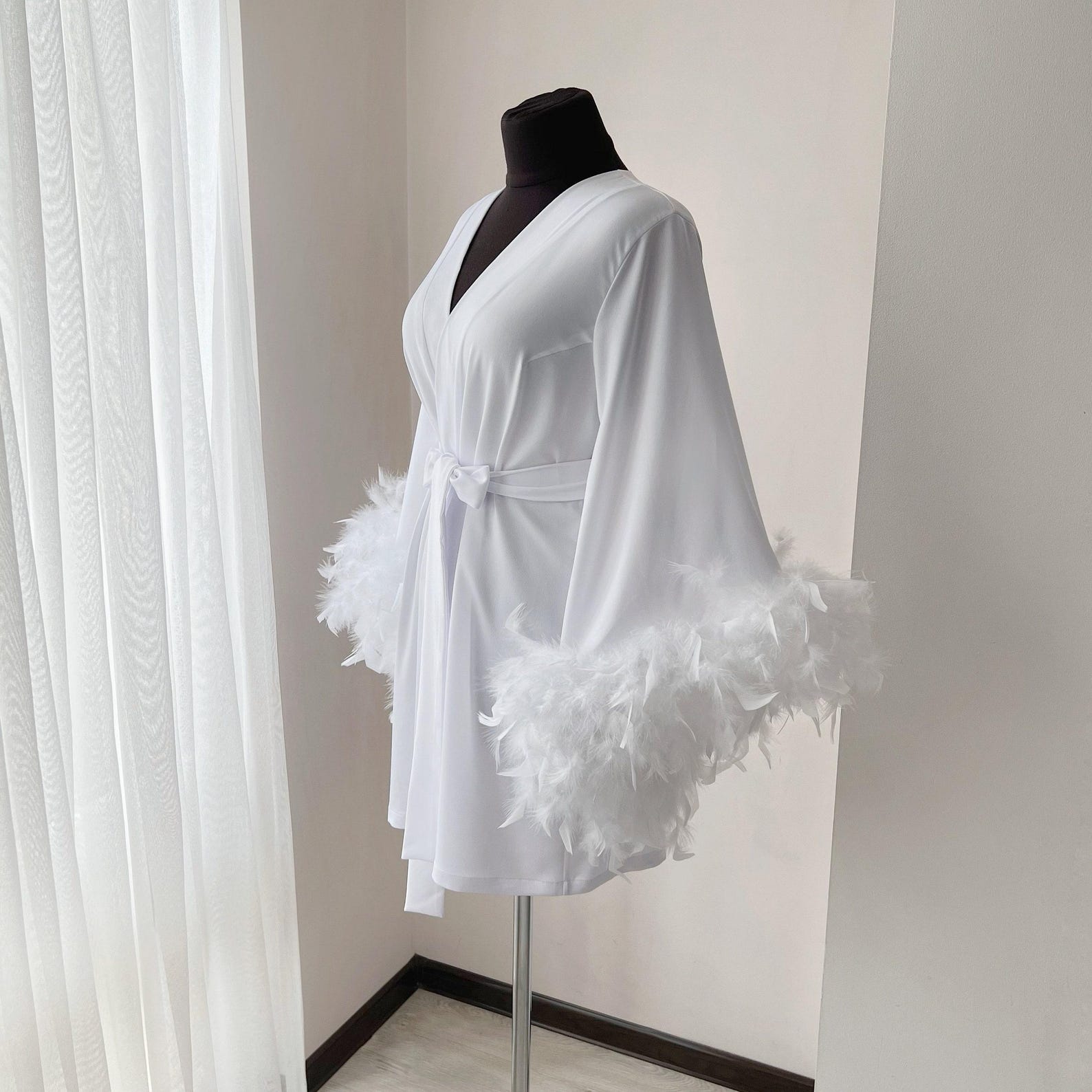 Feather Lined Robe White Feather Robe, Bridal Robe With Feathers, Wedding Day, Bride Robe ...