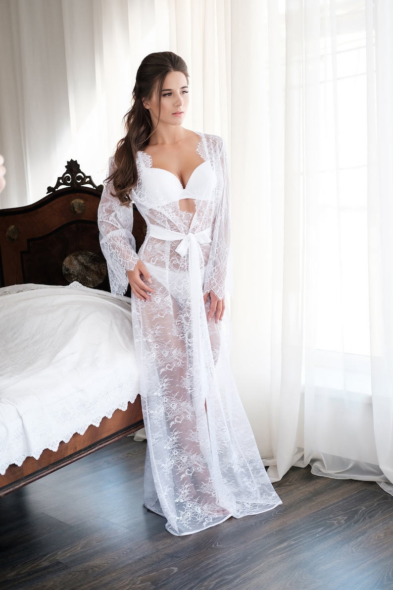 Sheer Lace Robe Long Maxi Robe Bridal Lace Robe Open Back Etsy