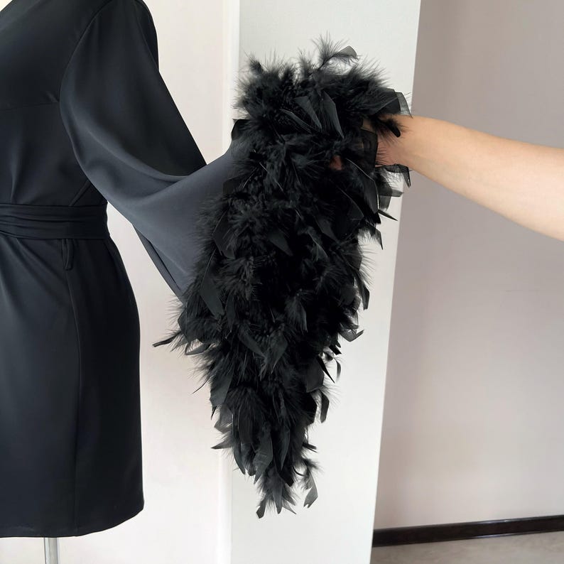 Black feather robe, feather bridal robe, feather robe bridesmaid, kimono robe, feathered robe, boudoir robe, plus size robe, bridesmaid gift image 6