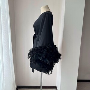 Black feather robe, feather bridal robe, feather robe bridesmaid, kimono robe, feathered robe, boudoir robe, plus size robe, bridesmaid gift image 5