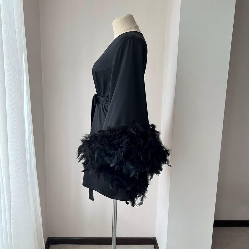 Black feather robe, feather bridal robe, feather robe bridesmaid, kimono robe, feathered robe, boudoir robe, plus size robe, bridesmaid gift image 5