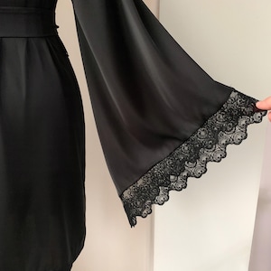 Wedding robe, Black lace robe, Satin dressing gown, Black bridal robe, Kimono robe, Wedding Lingerie image 6