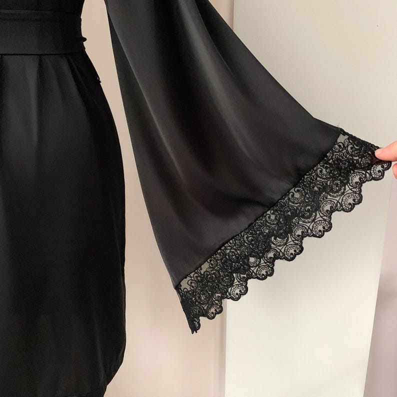 Wedding robe, Black lace robe, Satin dressing gown, Black bridal robe, Kimono robe, Wedding Lingerie image 6