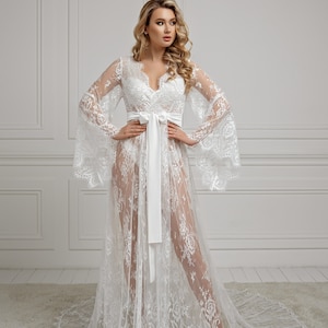 Long lace robe, bridal robe with train, maxi bridal robe, bridesmaid robe, dressing gown, chantilly lace, boudoir robe, sheer robe image 3