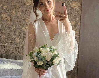 Robe de noiva em seda marfim: Quimono de casamento transparente com pérolas