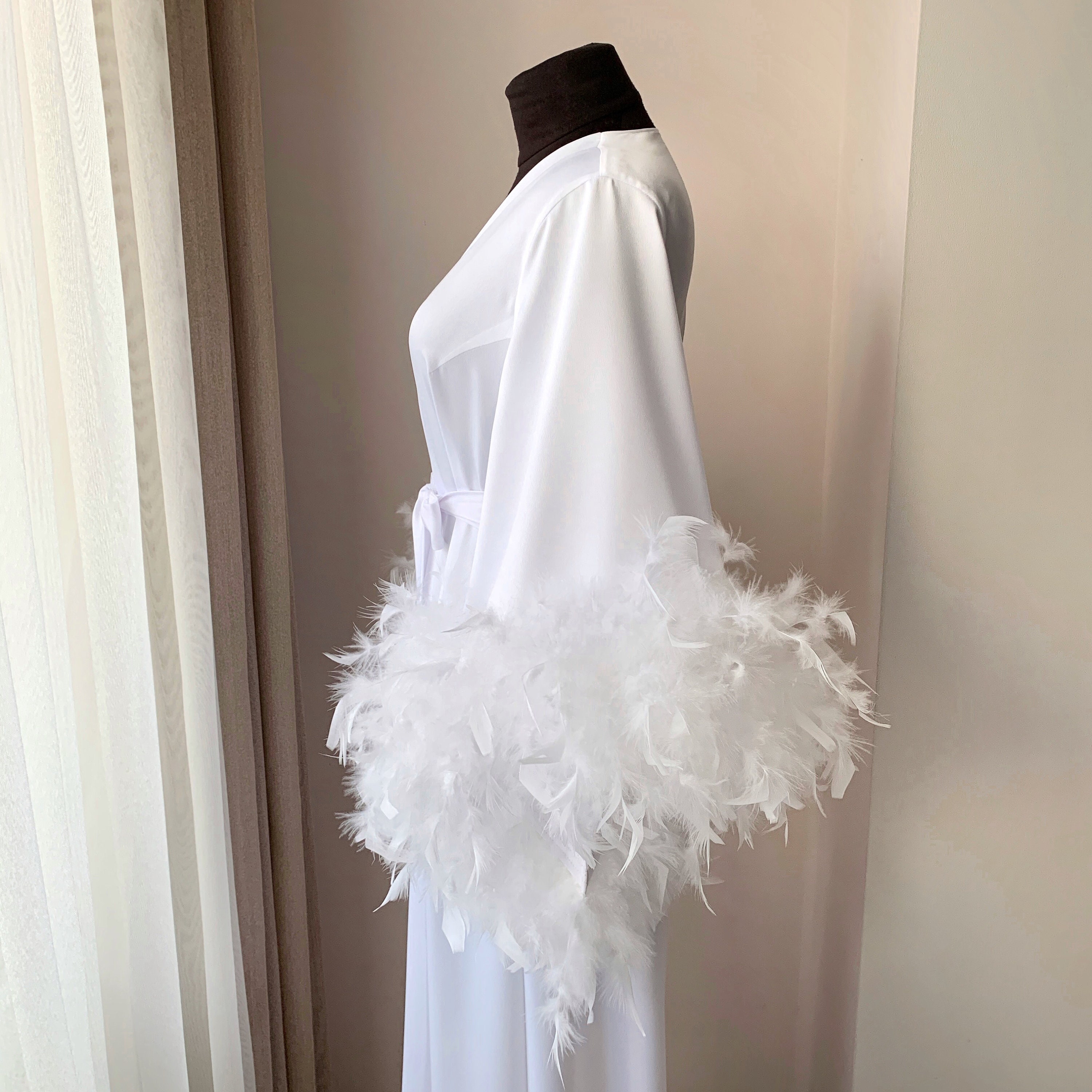 Feather Robe Long White Boudoir Robe Kimono Bridal Robe Etsy Uk